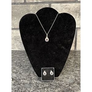 925 Sterling Silver & Garnet Charm Pendant on Round Chain w/Matching Earrings